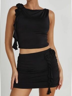 Women’s Black Ruched Top and Mini Skirt with Floral Detail